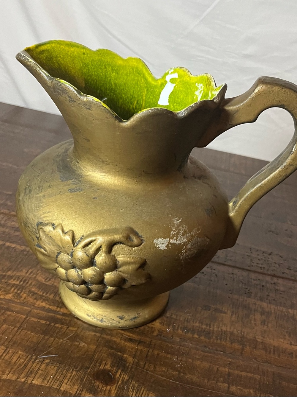 Gold Decorative Pitcher Vase with Lime Green Interior
